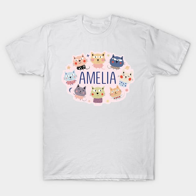 Amelia name with cartoon cats T-Shirt by WildMeART